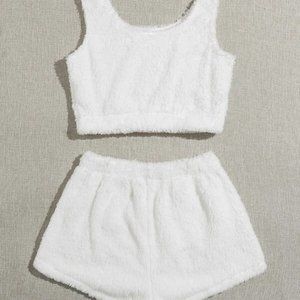 Shein White Plush Tank Top & Shorts Teddy Lounge Set Size XL NWT